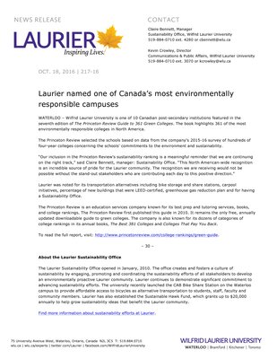 217-2016 : Laurier named one of Canada’s most environmentally responsible campuses