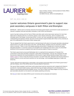 226-2016 : Laurier welcomes Ontario government’s plan to support new post-secondary campuses in both Milton and Brampton