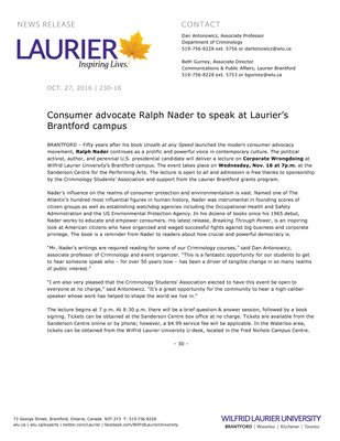 230-2016 : Consumer advocate Ralph Nader to speak at Laurier’s Brantford campus