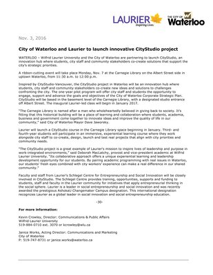 233-2016 : City of Waterloo and Laurier to launch innovative CityStudio project