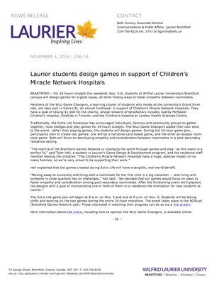 236-2016 : Laurier students design games in support of Children’s Miracle Network Hospitals