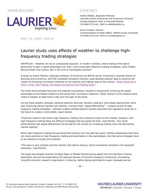 246-2016 : Laurier study uses effects of weather to challenge high-frequency trading strategies