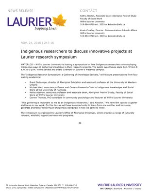 247-2016 : Indigenous researchers to discuss innovative projects at Laurier research symposium