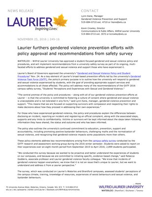 249-2016 : Laurier furthers gendered violence prevention efforts with policy approval and recommendations from safety survey