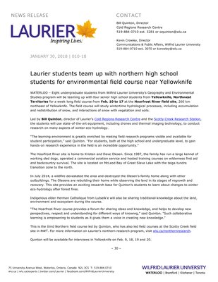 010-2018 : Laurier students team up with northern high school students for environmental field course near Yellowknife