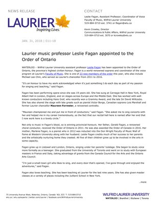 011-2018 : Laurier music professor Leslie Fagan appointed to the Order of Ontario