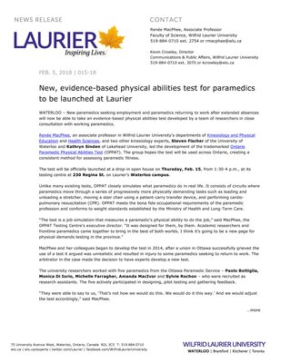 015-2018 : New, evidence-based physical abilities test for paramedics to be launched at Laurier