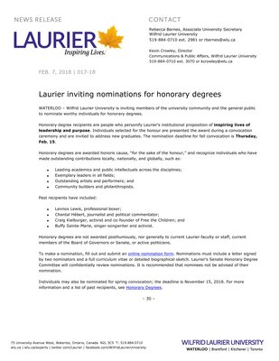 017-2018 : Laurier inviting nominations for honorary degree