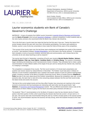 019-2018 : Laurier economics students win Bank of Canada’s Governor’s Challenge