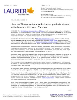 020-2018 : Library of Things, co-founded by Laurier graduate student, set to launch in Kitchener-Waterloo