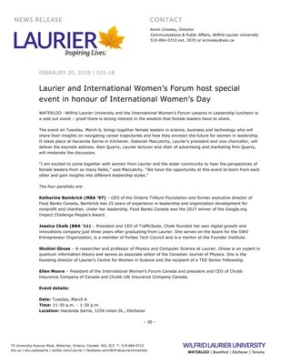 021-2018 : Laurier and International Women’s Forum host special event in honour of International Women’s Day