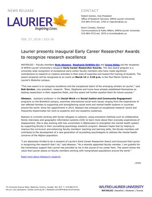 025-2018 : Laurier presents inaugural Early Career Researcher Awards to recognize research excellence