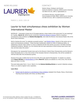 029-2018 : Laurier to host simultaneous chess exhibition by Woman International Master