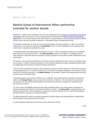 031-2018 : Balsillie School of International Affairs partnership extended for another decade