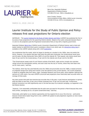 042-2018 : Laurier Institute for the Study of Public Opinion and Policy releases first seat projections for Ontario election