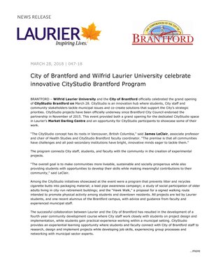 047-2018 : City of Brantford and Wilfrid Laurier University celebrate innovative CityStudio Brantford Program