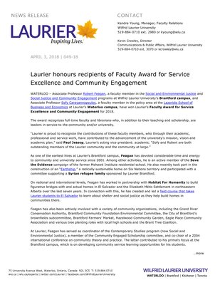 049-2018 : Laurier honours recipients of Faculty Award for Service Excellence and Community Engagement