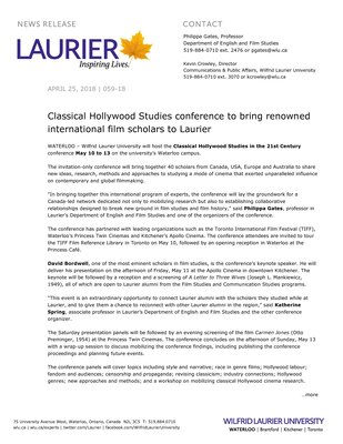 059-2018 : Classical Hollywood Studies conference to bring renowned international film scholars to Laurier