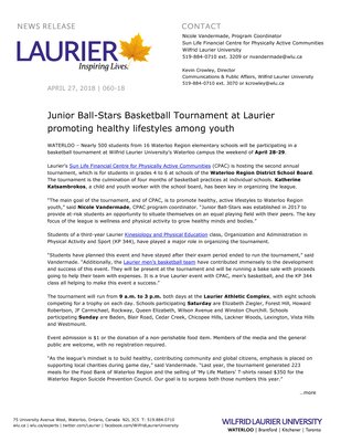 060-2018 : Junior Ball-Stars Basketball Tournament at Laurier promoting healthy lifestyles among youth