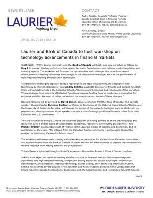 061-2018 : Laurier and Bank of Canada to host workshop on technology advancements in financial markets