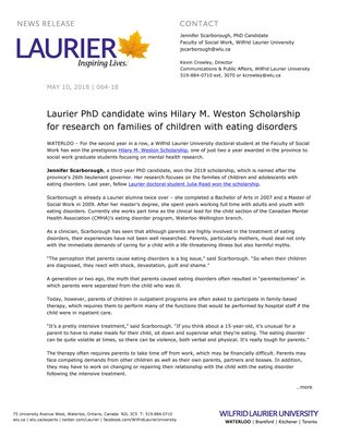 064-2018 : Laurier PhD candidate wins Hilary M. Weston Scholarship for research on families of children with eating disorders