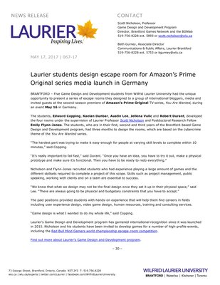 067-2018 : Laurier students design escape room for Amazon’s Prime Original series media launch in Germany