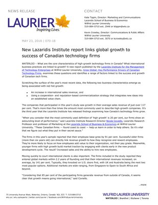 070-2018 : New Lazaridis Institute report links global growth to success of Canadian technology firms