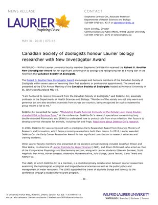 073-2018 : Canadian Society of Zoologists honour Laurier biology researcher with New Investigator Award