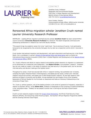 075-2018 : Renowned Africa migration scholar Jonathan Crush named Laurier University Research Professor