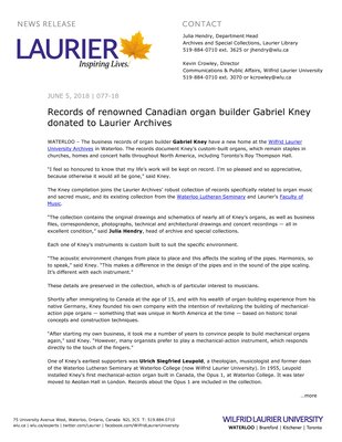 077-2018 : Records of renowned Canadian organ builder Gabriel Kney donated to Laurier Archives