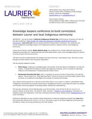 078-2018 : Knowledge keepers conference to build connections between Laurier and local Indigenous community