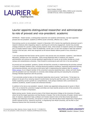 079-2018 : Laurier appoints distinguished researcher and administrator to role of provost and vice president: academic