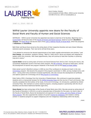 082-2018 : Wilfrid Laurier University appoints new deans for the Faculty of Social Work and Faculty of Human and Social Sciences