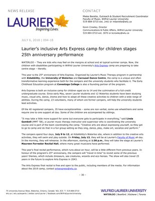 094-2018 : Laurier’s inclusive Arts Express camp for children stages 25th anniversary performance