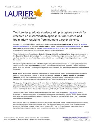 100-2018 : Two Laurier graduate students win prestigious awards for research on discrimination against Muslim women and brain injury resulting from intimate partner violence