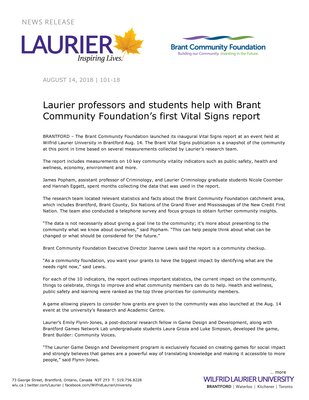 101-2018 : Laurier professors and students help with Brant Community Foundation’s first Vital Signs report