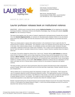 102-2018 : Laurier professor releases book on institutional violence