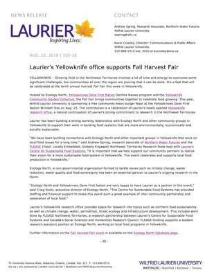 103-2018 : Laurier’s Yellowknife office supports Fall Harvest Fair