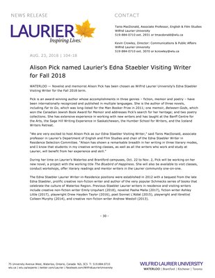 104-2018 : Alison Pick named Laurier’s Edna Staebler Visiting Writer for Fall 2018