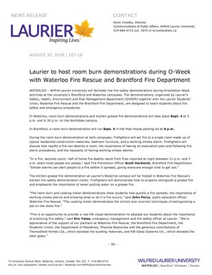 107-2018 : Laurier to host room burn demonstrations during O-Week with Waterloo Fire Rescue and Brantford Fire Department