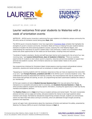 108-2018 : Laurier welcomes first-year students to Waterloo with a week of orientation events