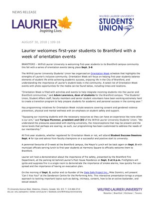 109-2018 : Laurier welcomes first-year students to Brantford with a week of orientation events