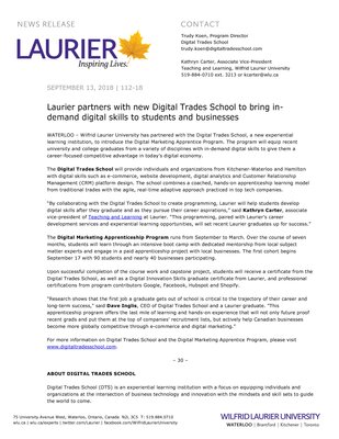 112-2018 : Laurier partners with new Digital Trades School to bring indemand digital skills to students and businesses