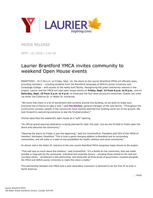 114-2018 : Laurier Brantford YMCA invites community to  weekend Open House events