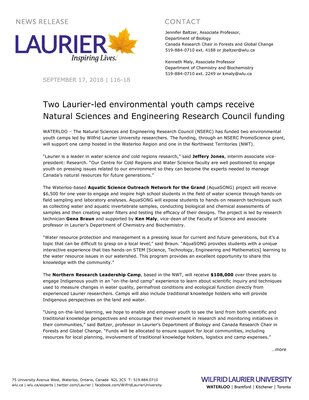 116-2018 : Two Laurier-led environmental youth camps receive Natural Sciences and Engineering Research Council funding