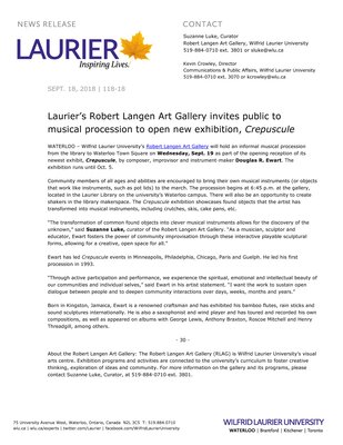 118-2018 : Laurier’s Robert Langen Art Gallery invites public to musical procession to open new exhibition, Crepuscule