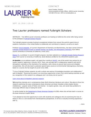 120-2018 : Two Laurier professors named Fulbright Scholars