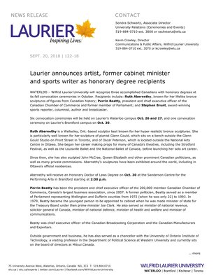 122-2018 : Laurier announces artist, former cabinet minister and sports writer as honorary degree recipients