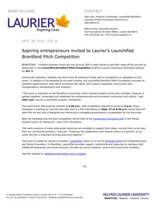 128-2018 : Aspiring entrepreneurs invited to Laurier’s LaunchPad Brantford Pitch Competition