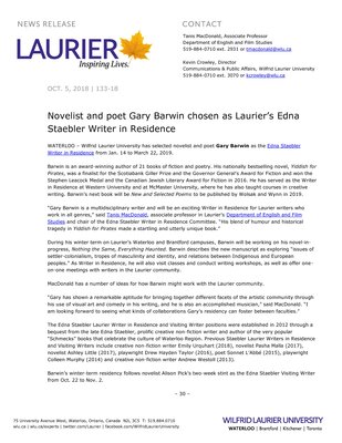 133-2018 : Novelist and poet Gary Barwin chosen as Laurier’s Edna Staebler Writer in Residence